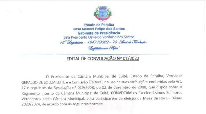 Câmara Municipal de Cuité realizará Eleição para escolha da Mesa Diretora em dezembro
